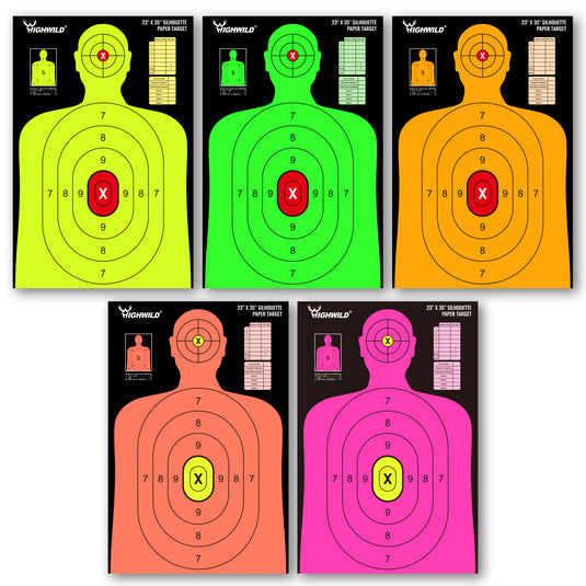 23X35 Inch Shooting Range Silhouette Paper Target - 5 Fluorescent Colors - Suitable for Handguns, Rifles, Airguns, BB Guns
